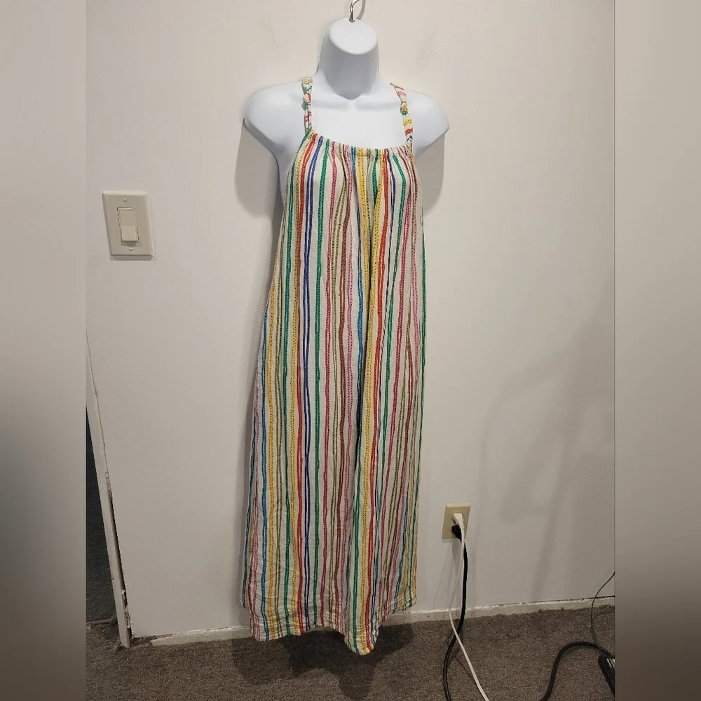 Zara Size Xs Linen Blend Multicolored Boho Maxi Tent Dress pockets